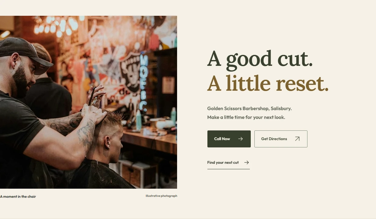 Actual deployed Golden Scissors Barbershop independent concept website