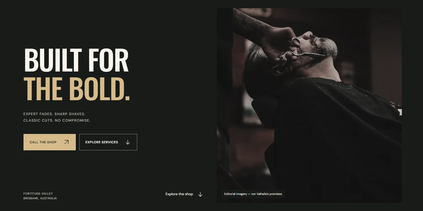 Actual deployed Valhalla Barbershop independent concept website