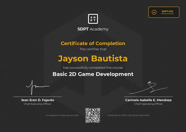 Original course completion for Basic 2D Game Development