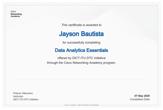 Original course completion for Data Analytics Essentials