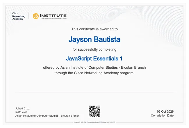Original course completion for JavaScript Essentials 1