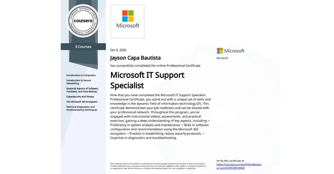 Original professional certificate for Microsoft IT Support Specialist