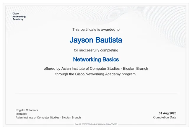 Original course completion for Networking Basics